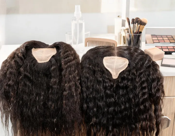 kinky straight u part wig on a cosmetics bench, illustration only