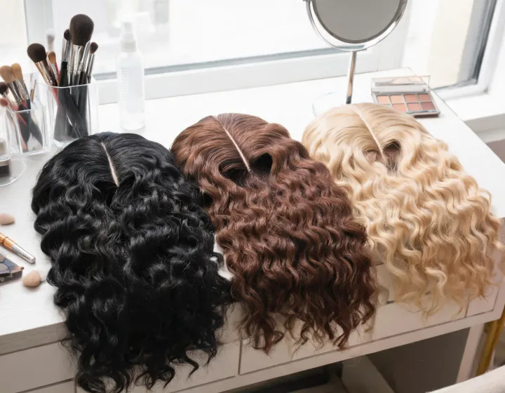 curly u part wig on a cosmetics bench, illustration only