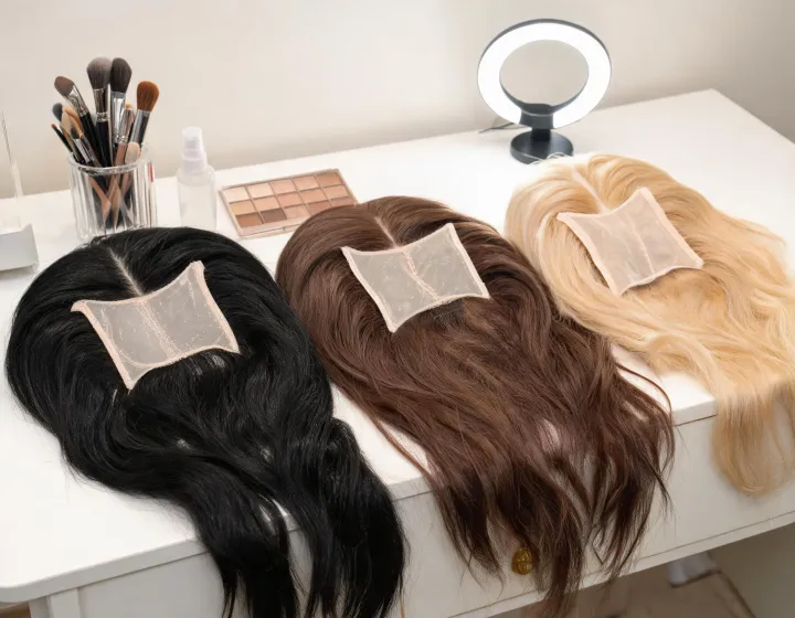 human hair u part wig on a cosmetics bench, illustration only
